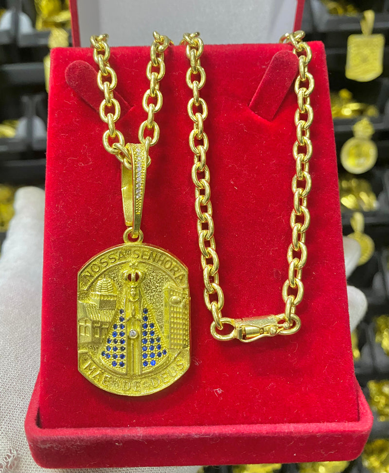 CORRENTE ELO CADEADO BOLEADO 5MM + PINGENTE NOSSA SENHORA MÃE DE DEUS.