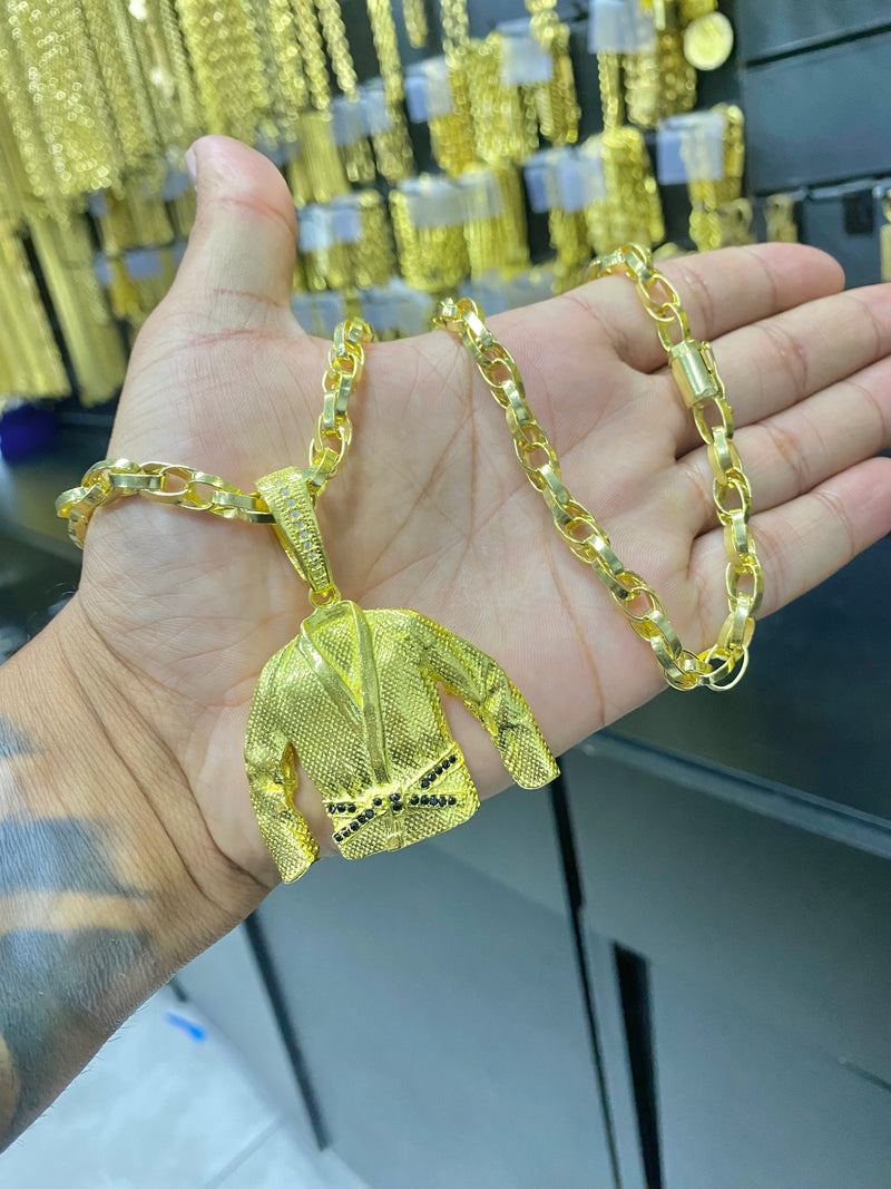 CORRENTE ELO TRANÇADO 8MM + PINGENTE FAIXA PRETA CRAVEJADO