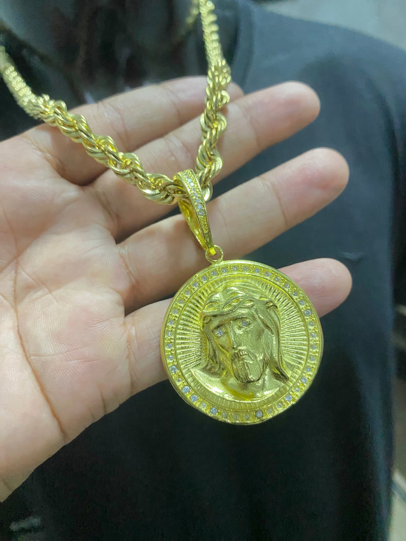CORRENTE ELO BAIANO 8MM + PINGENTE JESUS REDONDO CRAVEJADO