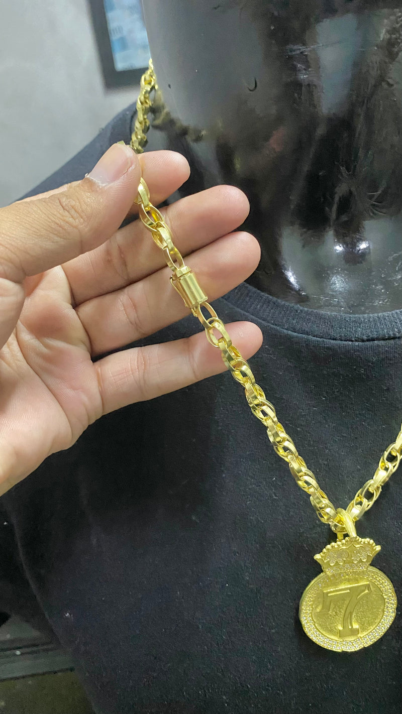CORRENTE ELO TRANÇADO 10MM + PINGENTE 7 REDONDO CRAVEJADO