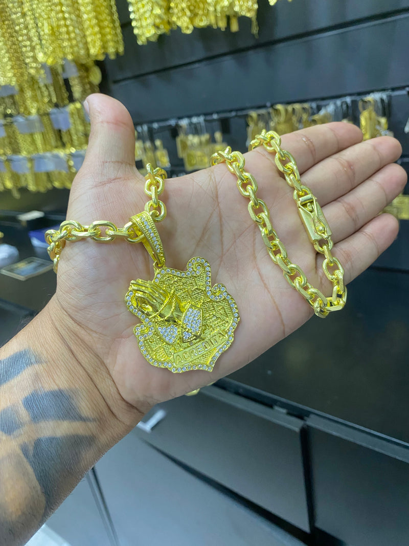 CORRENTE ELO CADEADO 8MM + PINGENTE ACREDITA MÃO ORANDO CRAVEJADO