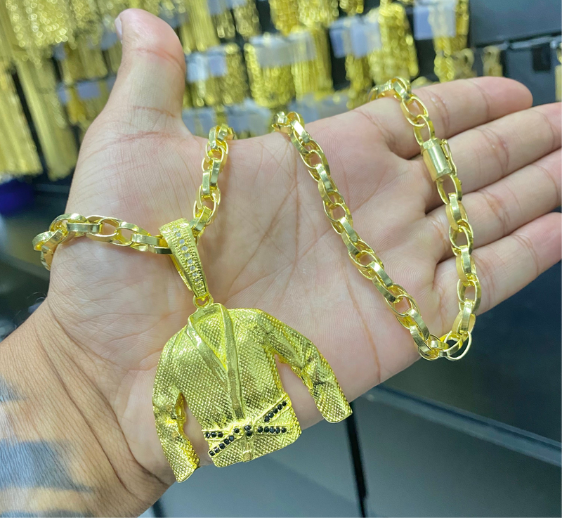 CORRENTE ELO TRANÇADO 8MM + PINGENTE FAIXA PRETA CRAVEJADO