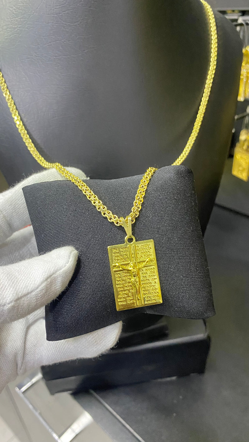 CORRENTE ELO CADEADO DUPLO LACRAIA 4MM + PINGENTE JESUS NA CRUZ PLACA COM ORAÇÃO