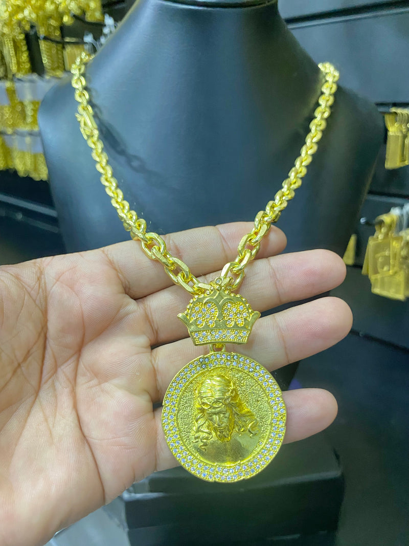 CORRENTE ELO CADEADO 8MM + PINGENTE JESUS C/COROA CRAVEJADA