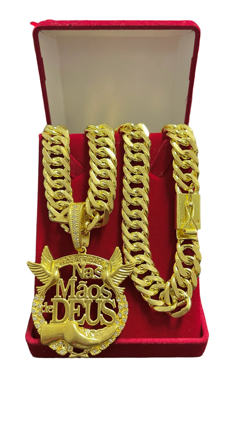 CORRENTE ELO GRUMET 18MM + PINGENTE PERSONALIZADO NAS MÃOS DE DEUS - WRDJOIAS
