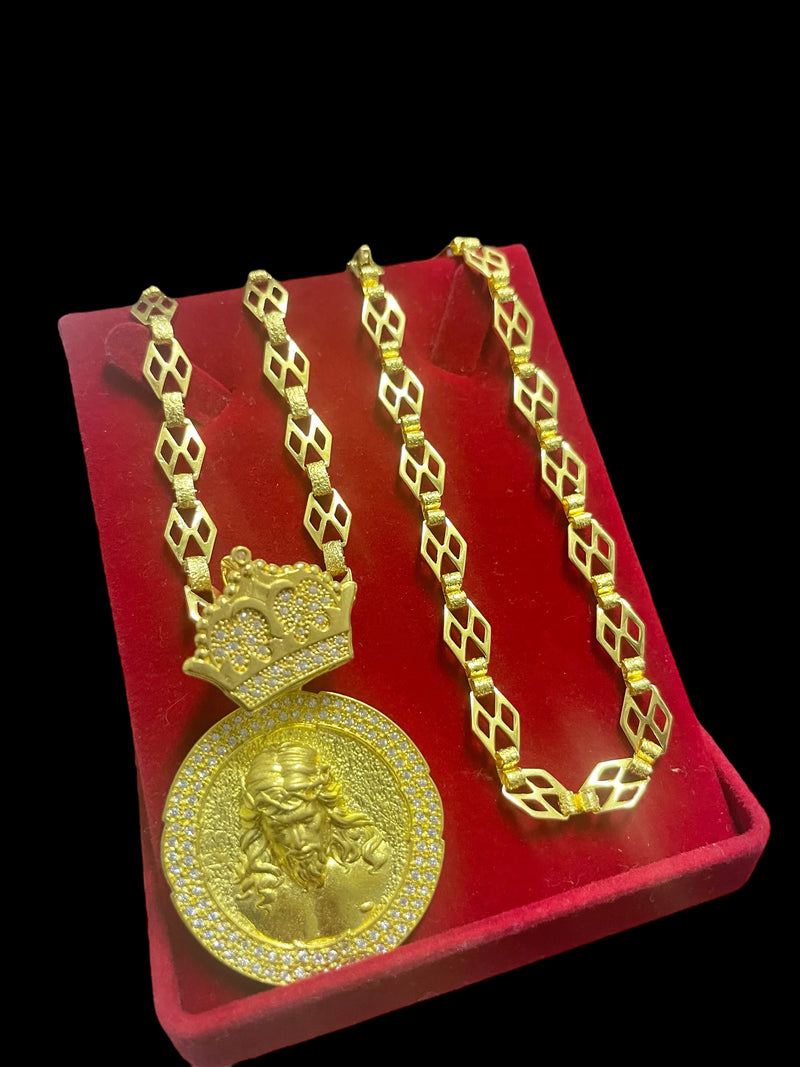 CORRENTE ELO PERSONALIZADO + PINGENTE JESUS BORDA CRAVEJADA - WRDJOIAS