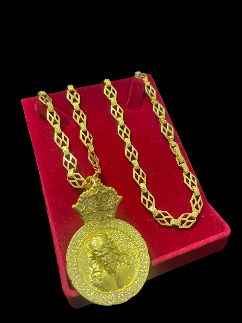 CORRENTE ELO PERSONALIZADO + PINGENTE JESUS BORDA CRAVEJADA - WRDJOIAS
