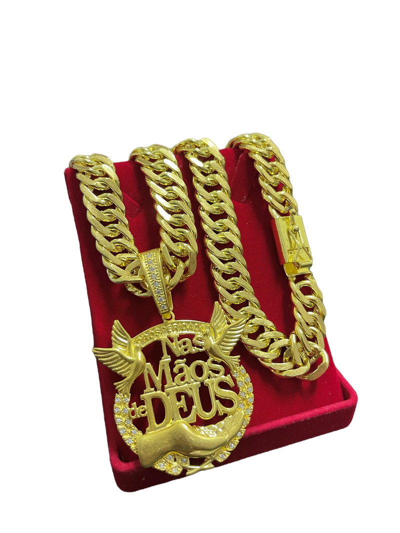 CORRENTE ELO GRUMET 18MM + PINGENTE PERSONALIZADO NAS MÃOS DE DEUS - WRDJOIAS